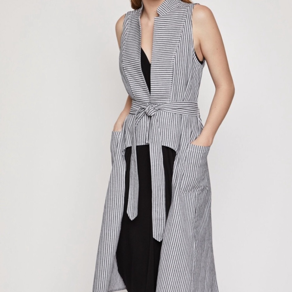 BCBGeneration Striped Sleeveless Long Vest with Tie Waist